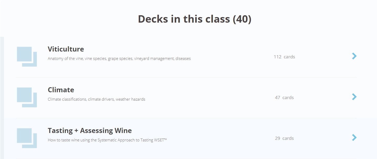 Example Slide Decks in Brainscape for WSET