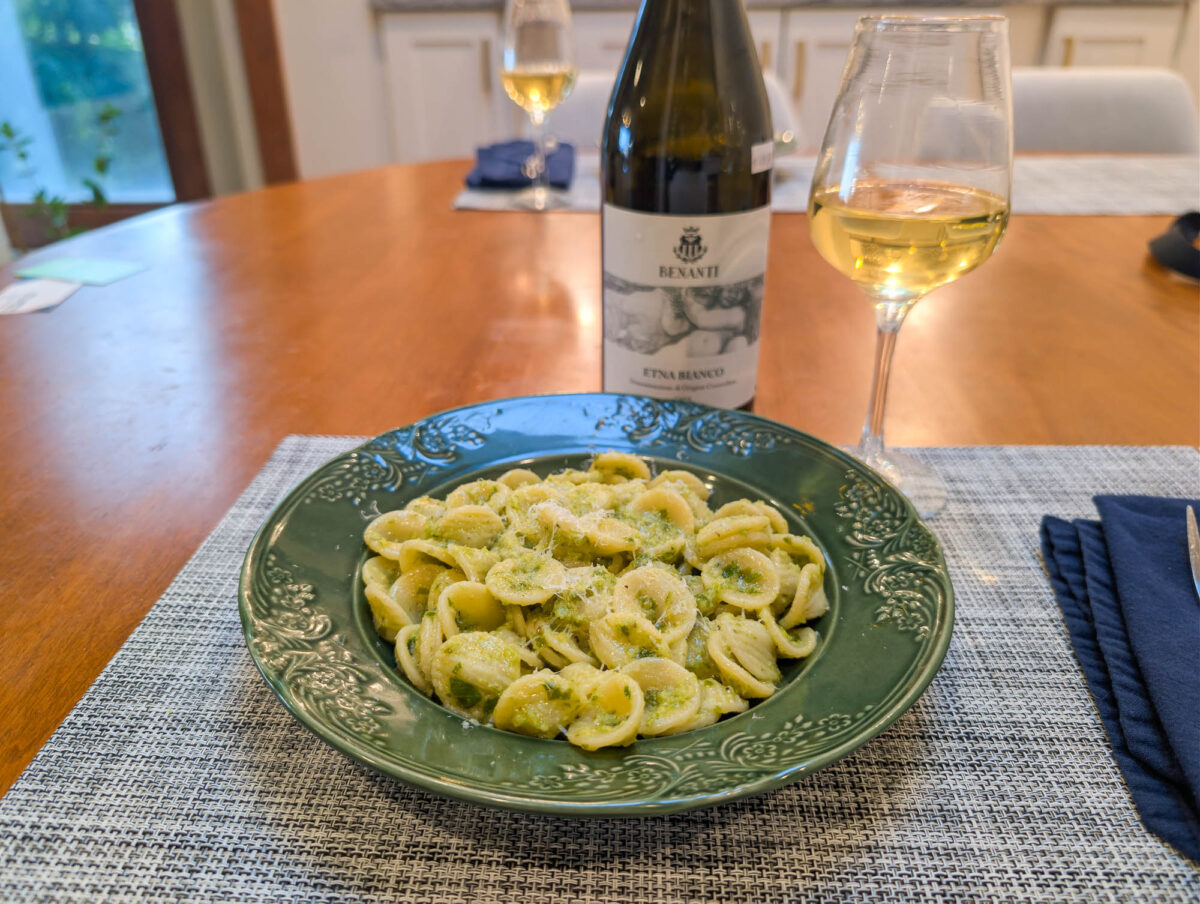Etna Bianco Food Pairing - Garlic Scape Pesto Pasta Etna Bianco Food Pairing - Garlic Scape Pesto Pasta
